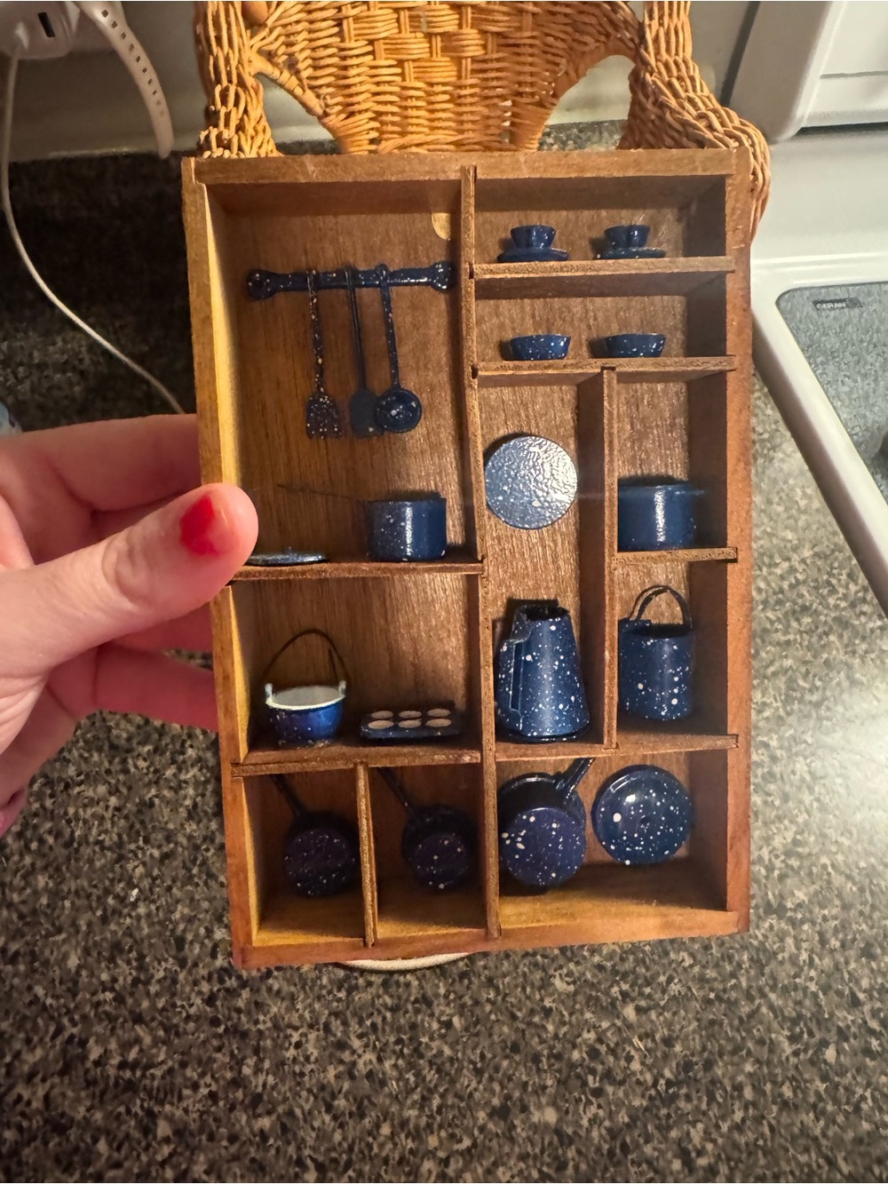 VTG Blue Speckled Miniature Kitchenware Display Shelf - Home Wall Decor